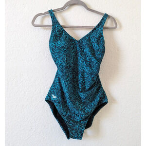 Speedo Womens 6 Teal Black Swirl Print One Piece Swimsuit w Built in Cups